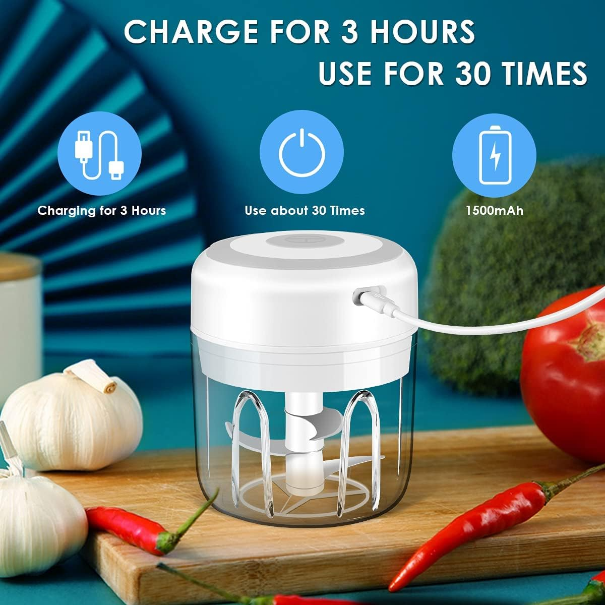 Electric 300ML Garlic Press Chopper Chili Onion Fruits Meat Mincer