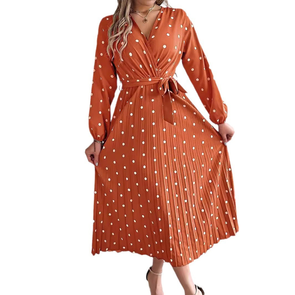 Spring Summer Elegant Long Dress Cross V-Neck Contrast Polka Dot Long Sleeve Pleated Bridesmaid Dresses