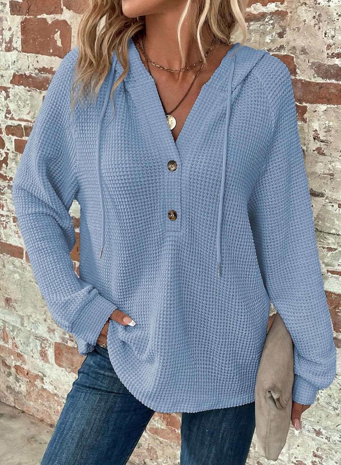 Waffle Hooded Sweater Sweatshirt Fashion Casual Long-sleeved Drawstring V-neck Buttons Top Women's Clothing