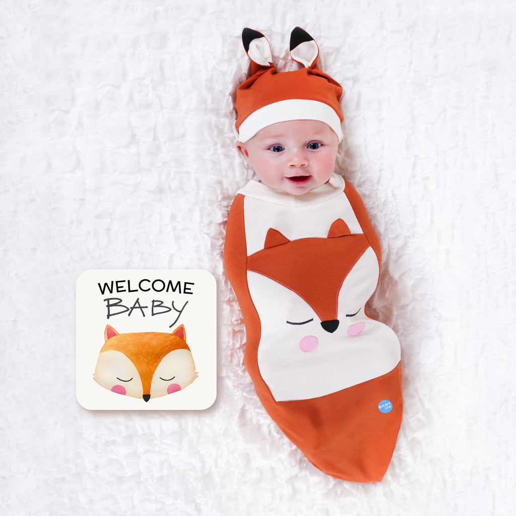 Fox Baby Cocoon Swaddle Set – With Matching Headpiece & Announcement Card