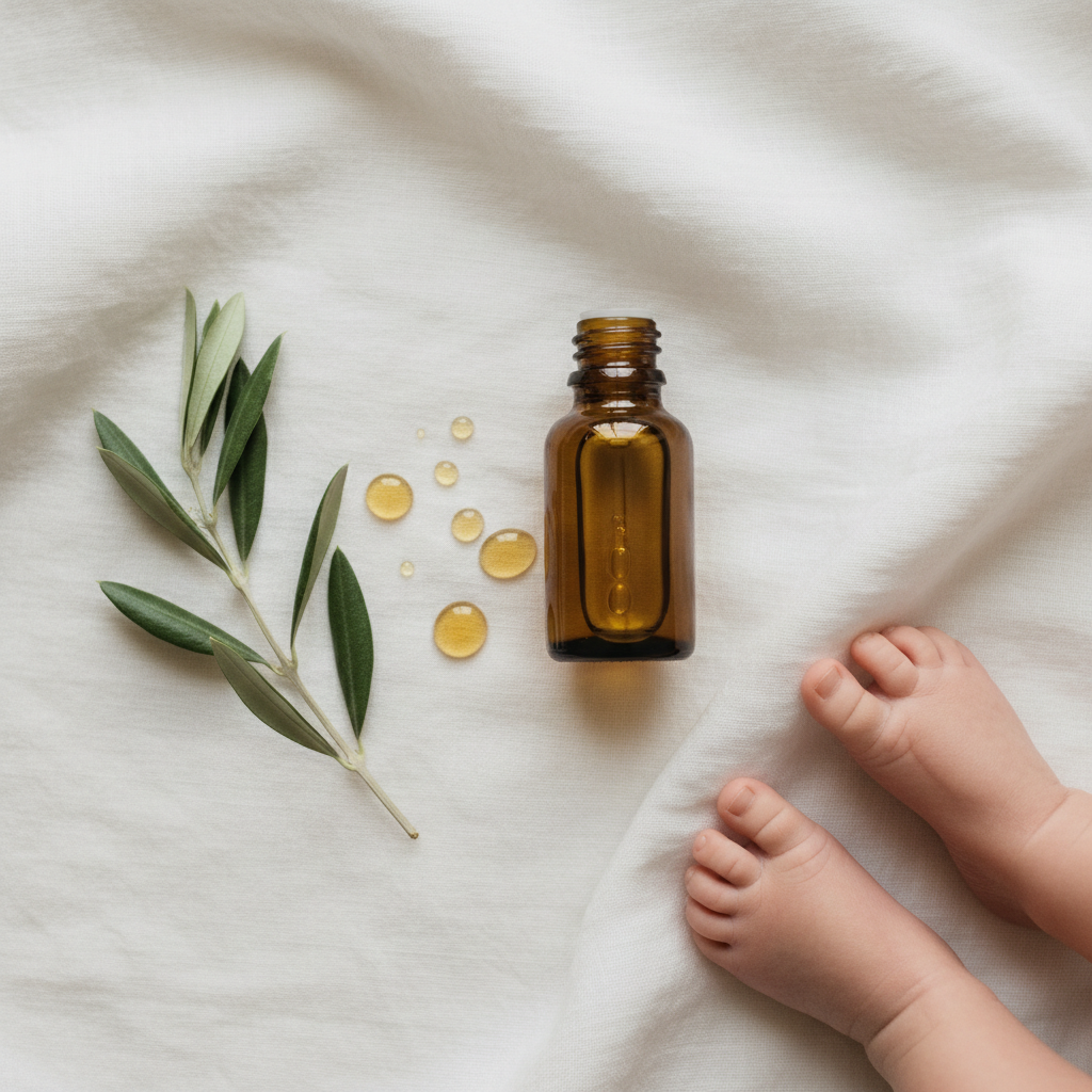 Organic baby oil in amber glass bottle with olive branch and tiny baby feet on white linen