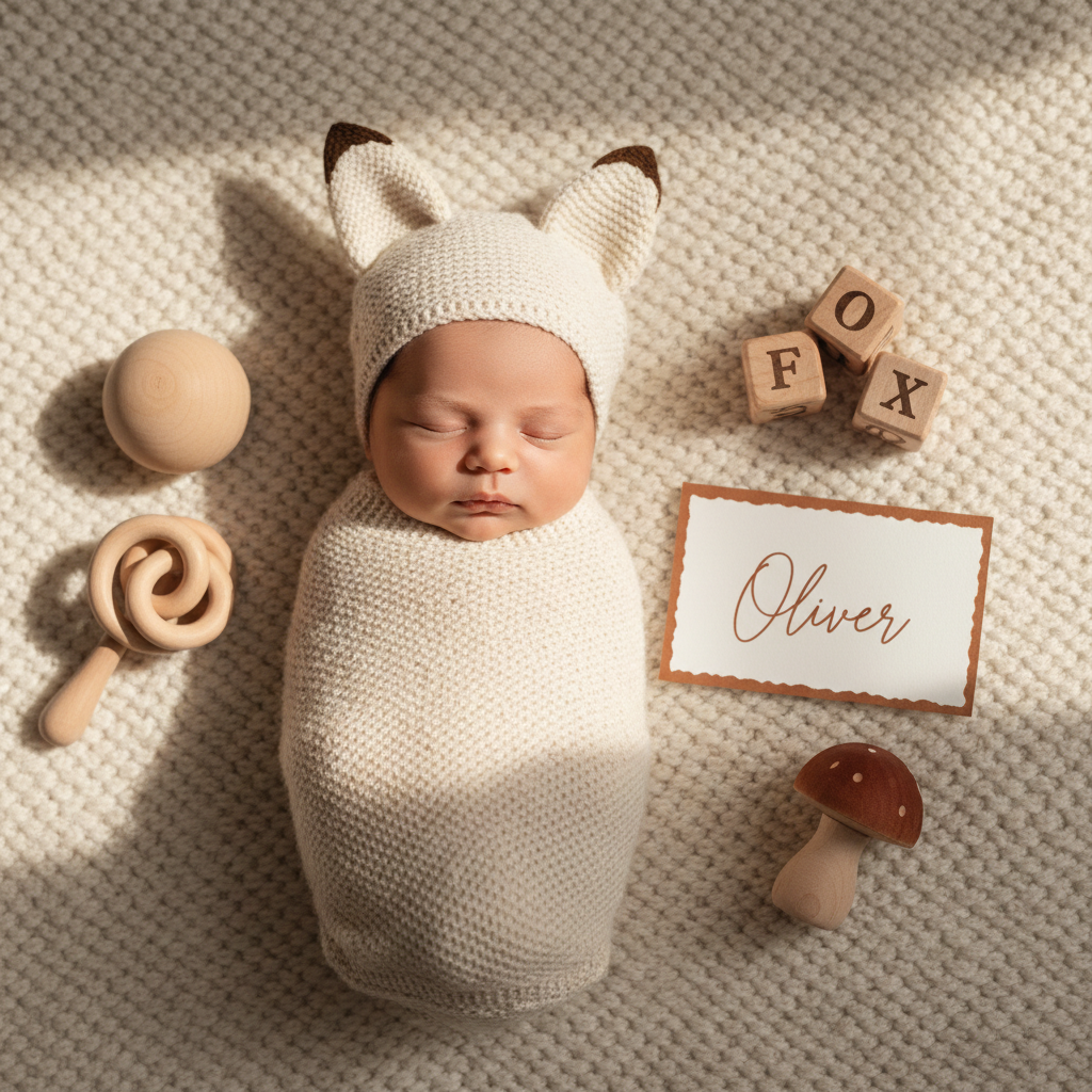 Newborn in fox-themed cocoon swaddle with fox ear headpiece and announcement card