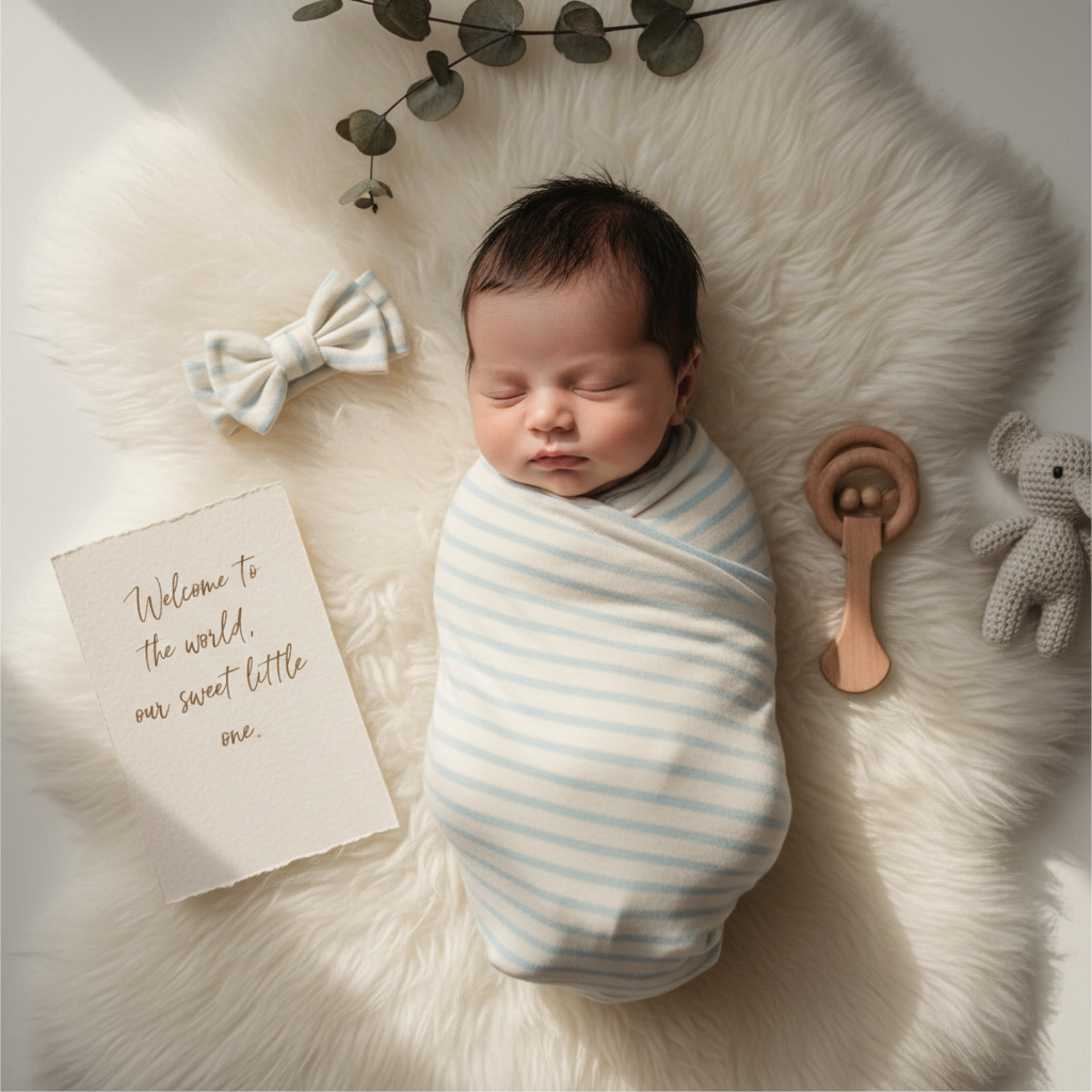 Newborn in stripe cocoon swaddle with headpiece and announcement card on white blanket