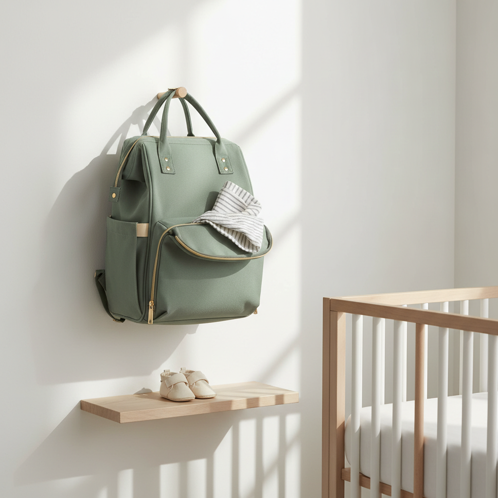 Diaper bag backpack hanging in a cozy nursery setting