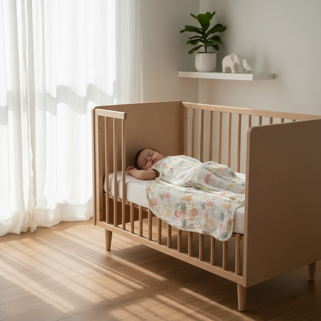 Baby wearing lightweight wearable sleep bag in a bright modern nursery crib