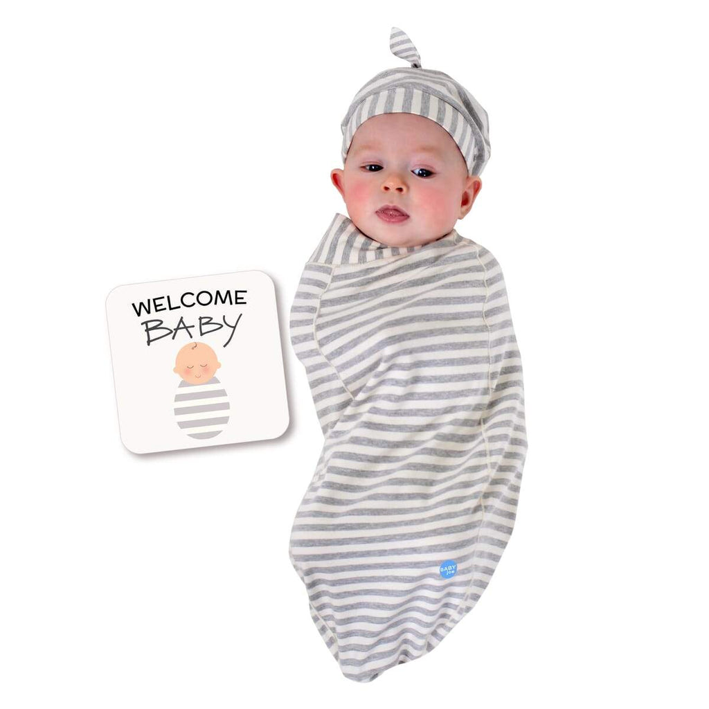 Stripe Baby Cocoon Swaddle Set – With Matching Headpiece & Announcement Card