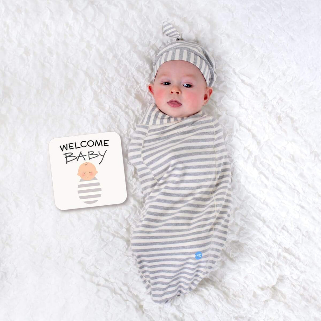 Stripe Baby Cocoon Swaddle Set – With Matching Headpiece & Announcement Card