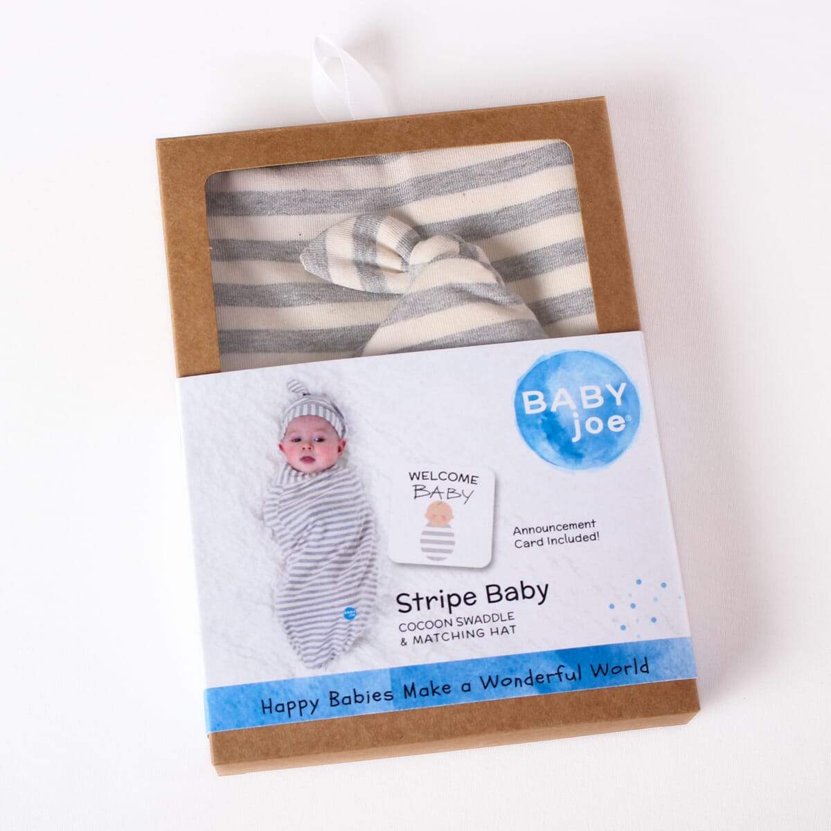 Stripe Baby Cocoon Swaddle Set – With Matching Headpiece & Announcement Card